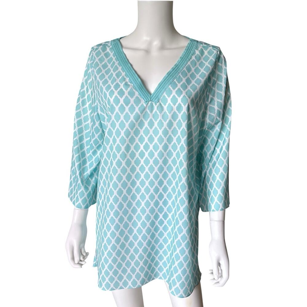 Retro Threads Tunic Womens XL Aqua White Geometric V Neck 3/4 Sleeve Blouse
